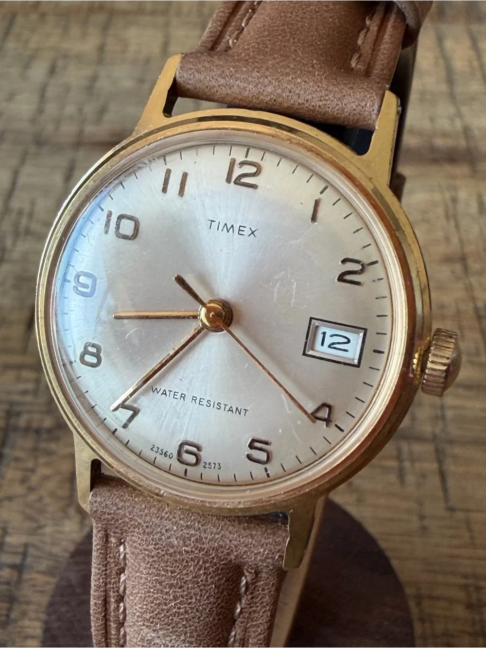Vintage 1973 Timex Manual Wind Watch w/ Date | Gold Tone + New Leather Band